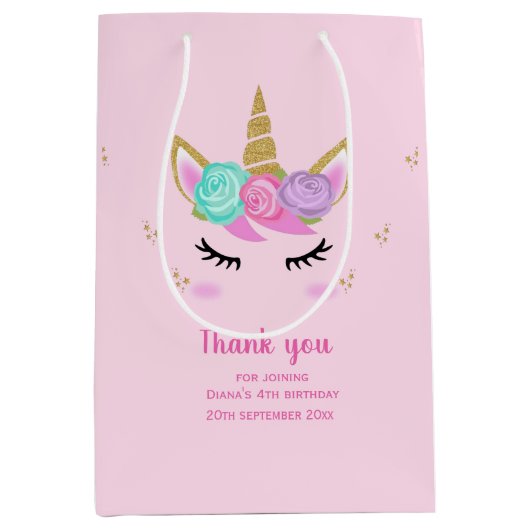 かわいいユニコーンのバースデー感謝していターガール ミディアムペーパーバッグ (正面)