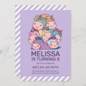 かわいいユニコーンのパイルパープル子供の誕生日 招待状 (正面/裏面)