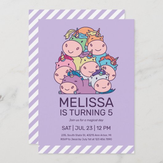 かわいいユニコーンのパイルパープル子供の誕生日 招待状 (正面/裏面)