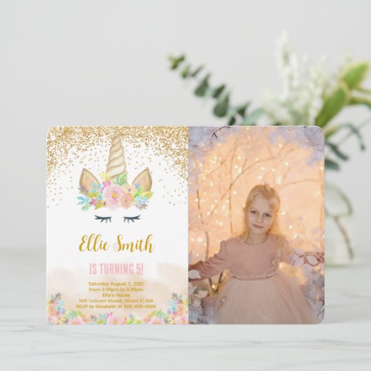 かわいいユニコーンの写真招待状 招待状 (スタンド正面)