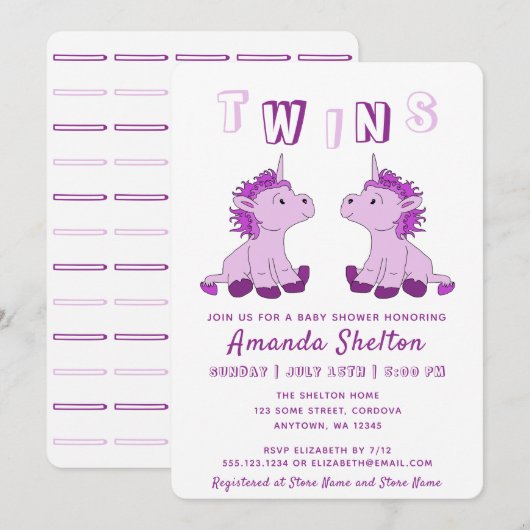 かわいいユニコーンの双子の女の子のベビーシャワー 招待状 (正面/裏面)
