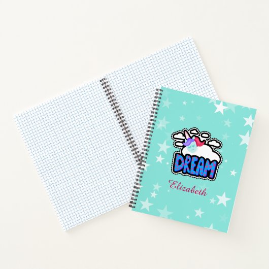 かわいいユニコーンの夢 |青 |ユーザー名のカスタマイズ ノートブック (内部)
