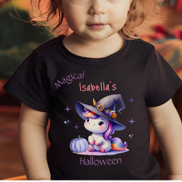 かわいいユニコーンの女の子のハロウィン名前付き ベビーTシャツ