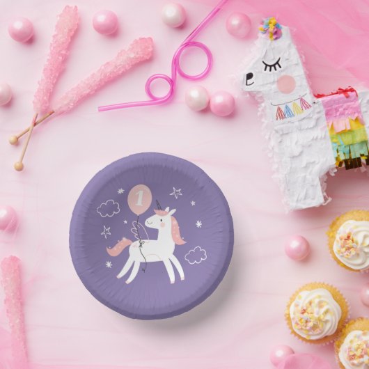 かわいいユニコーンの女の子の紫とピンクの誕生日 ペーパーボウル (パーティー)