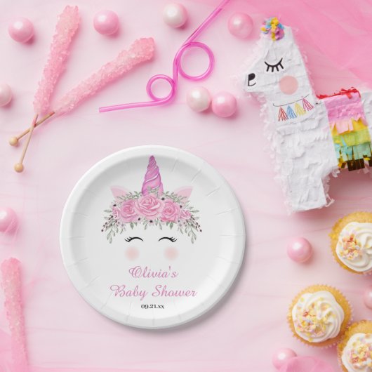 かわいいユニコーンの女の子の赤ちゃんシャワーとピンクの名前 ペーパープレート (パーティー)