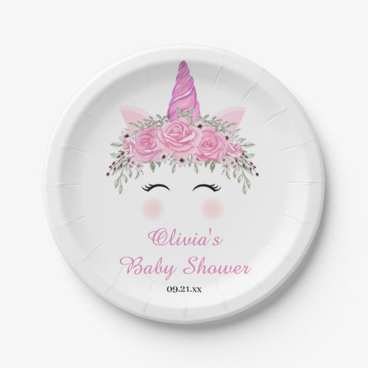 かわいいユニコーンの女の子の赤ちゃんシャワーとピンクの名前 ペーパープレート (正面)