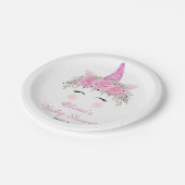 かわいいユニコーンの女の子の赤ちゃんシャワーとピンクの名前 ペーパープレート (アングル)