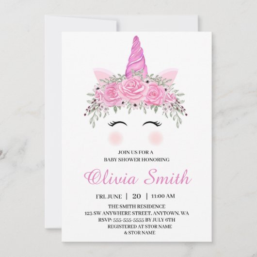 かわいいユニコーンの女の子の赤ちゃんシャワーとピンクの名前 招待状 (正面)