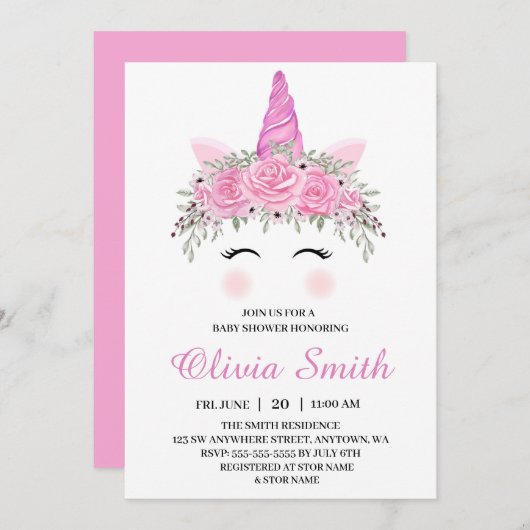 かわいいユニコーンの女の子の赤ちゃんシャワーとピンクの名前 招待状 (正面/裏面)