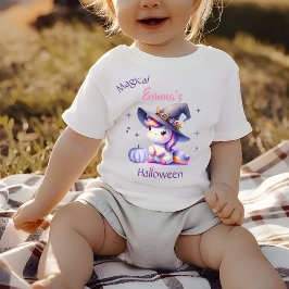 かわいいユニコーンの女の子ハロウィンと名前 ベビーTシャツ