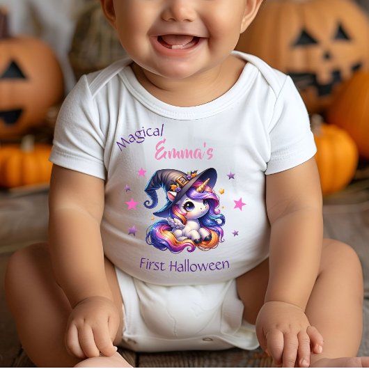 かわいいユニコーンの女の子ファースト・ハロウィン ベビーボディスーツ