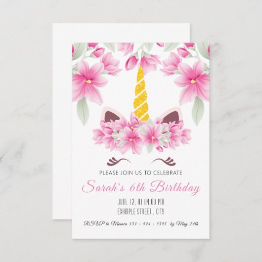 かわいいユニコーンの子供の誕生日の招待状 出欠カード (正面/裏面)