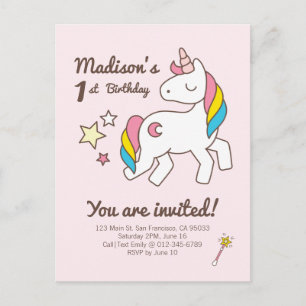 かわいいユニコーンの杖と星の誕生日招待状 インビテーションポストカード
