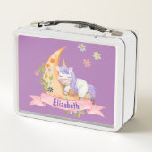 かわいいユニコーンの花パーソナライズされた子の名前 メタルランチボックス (裏面)