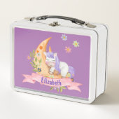 かわいいユニコーンの花パーソナライズされた子の名前 メタルランチボックス (正面)