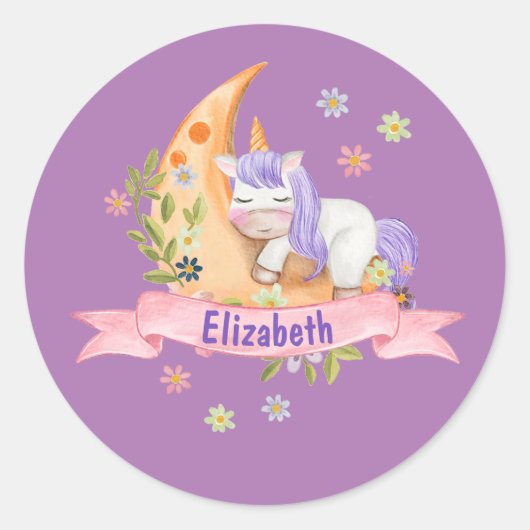 かわいいユニコーンの花パーソナライズされた子の名前 ラウンドシール (正面)