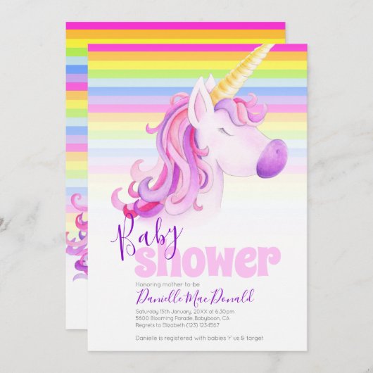 かわいいユニコーンの虹のベビーシャワー招待状 招待状 (正面/裏面)