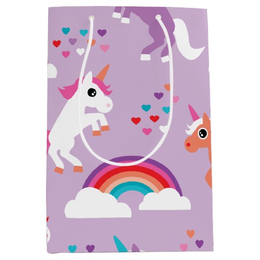 かわいいユニコーンの虹の紫色 ミディアムペーパーバッグ (正面)