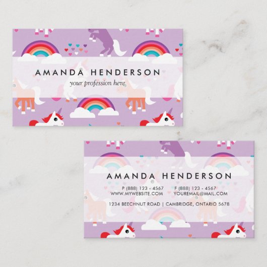 かわいいユニコーンの虹の紫色 名刺 (正面/裏面)