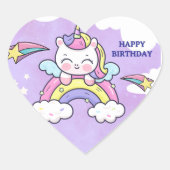 かわいいユニコーンの虹の誕生日招待ステッカー ハートシール (正面)