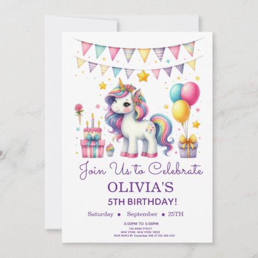 かわいいユニコーンの誕生日パーティー招待状(年齢自由) 招待状 (正面)