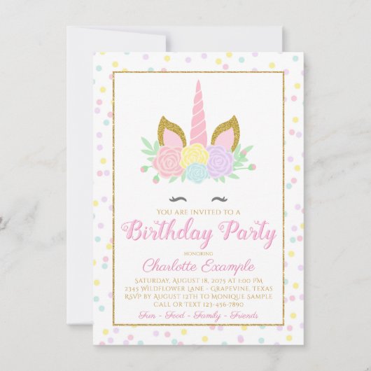 かわいいユニコーンの誕生日パーティー招待状 招待状 (正面)