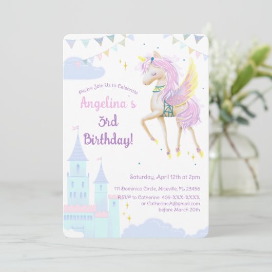 かわいいユニコーンの誕生日招待状 招待状 (スタンド正面)