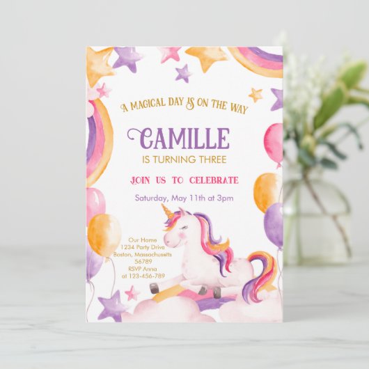 かわいいユニコーンの誕生日 招待状 (スタンド正面)