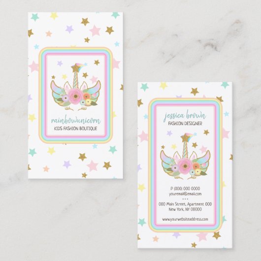 かわいいユニコーンの頭が虹を星 名刺 (正面/裏面)