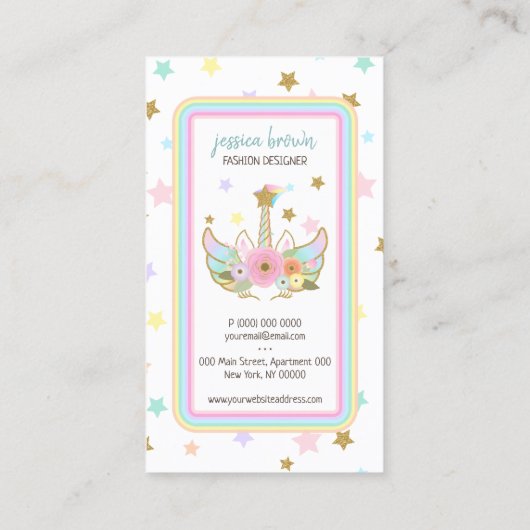 かわいいユニコーンの頭が虹を星 名刺 (裏面)