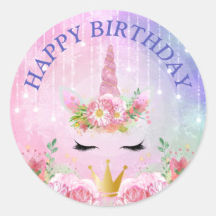 かわいいユニコーンの顔とピンクの花の誕生日 ラウンドシール