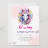 かわいいユニコーンの顔の誕生日 招待状 (正面)