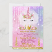 かわいいユニコーンの顔 ピンクの花 誕生日パーティー 招待状 (正面)