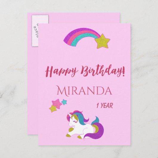 かわいいユニコーンの魔法の日happy 1st誕生日 ポストカード (正面/裏面)
