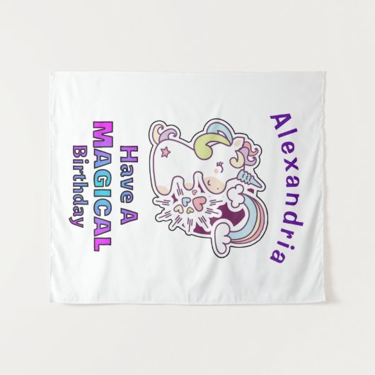 かわいいユニコーンの魔法の誕生日 タペストリー (正面(横))