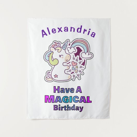 かわいいユニコーンの魔法の誕生日 タペストリー (正面)