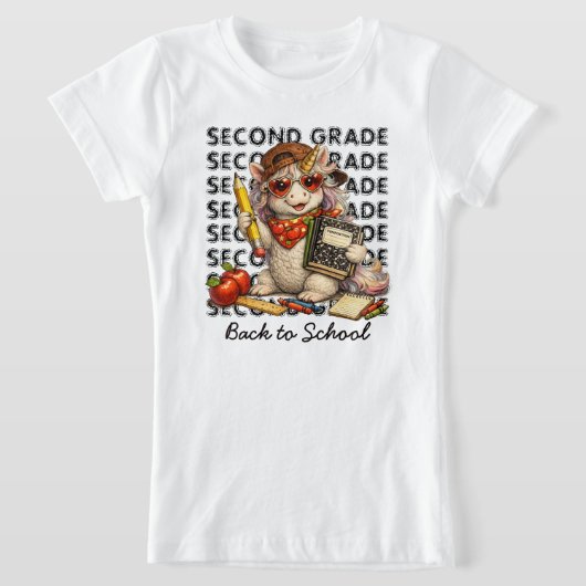 かわいいユニコーンの2年生の学校用品 グラフィック Tシャツ (レイダウン)