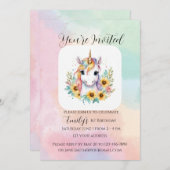 かわいいユニコーンひまわりシンプルの花の誕生日1 招待状 (正面/裏面)