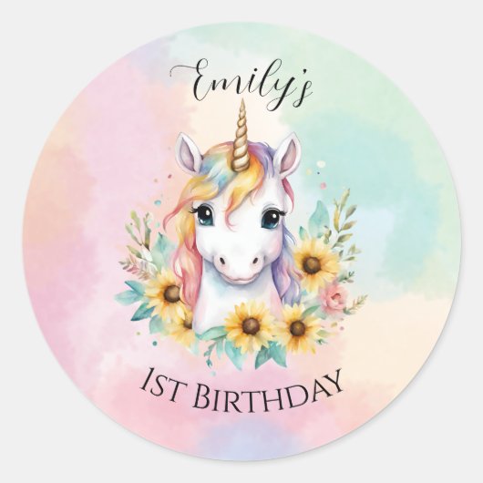 かわいいユニコーンひまわり1st誕生日 ラウンドシール (正面)