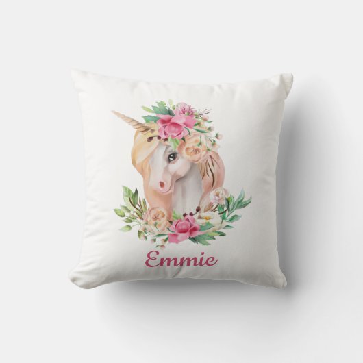 かわいいユニコーンカスタムピンクフローラの子どもの名前 クッション (正面)