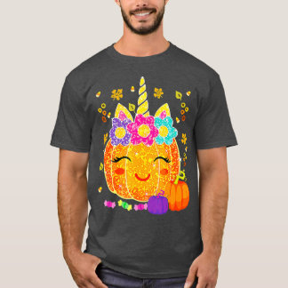 かわいいユニコーンカボチャのハロウィンサンクスギビングおもしろい Tシャツ