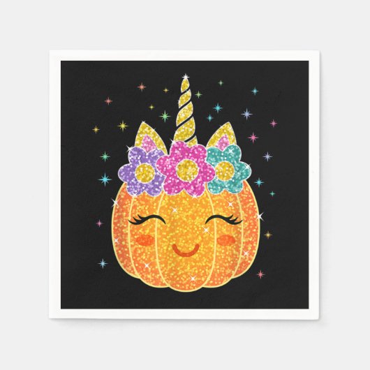 かわいいユニコーンカボチャのハロウィンサンクスギビング スタンダードカクテルナプキン (正面)