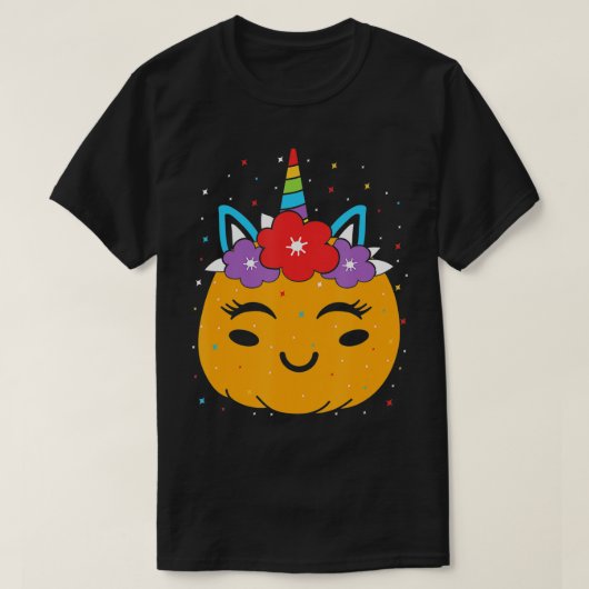 かわいいユニコーンカボチャFとのハロウィーン感謝祭 Tシャツ (デザイン正面)