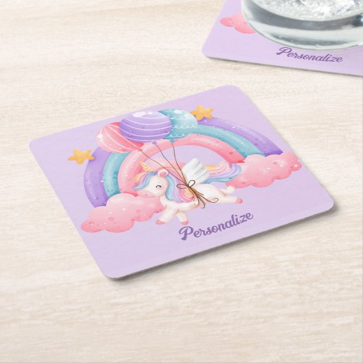 かわいいユニコーンカラフルレインボーパーソナライズされたド スクエアペーパーコースター (アングル)