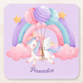 かわいいユニコーンカラフルレインボーパーソナライズされたド スクエアペーパーコースター (正面)