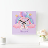 かわいいユニコーンカラフルレインボーパーソナライズされたド スクエア壁時計 (ホーム)