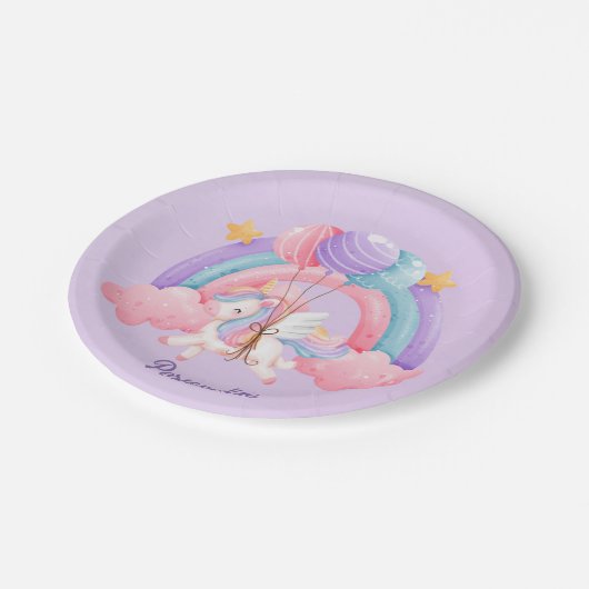 かわいいユニコーンカラフルレインボーパーソナライズされたド ペーパープレート (アングル)
