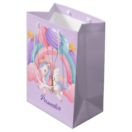 かわいいユニコーンカラフルレインボーパーソナライズされたド ミディアムペーパーバッグ (裏面アングル)