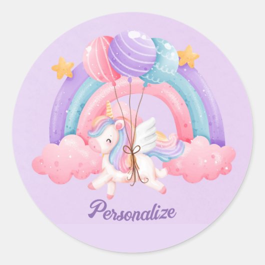 かわいいユニコーンカラフルレインボーパーソナライズされたド ラウンドシール (正面)