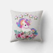 かわいいユニコーンカラフル、星と水彩フローラ クッション (裏面)